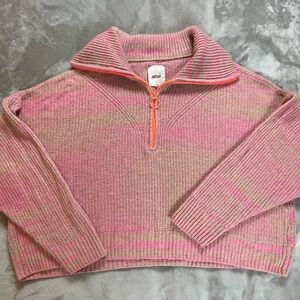 🌸🤍 Aerie Pink & Tan Striped 1/2 Zip Cropped Knit Sweater – Size XXL